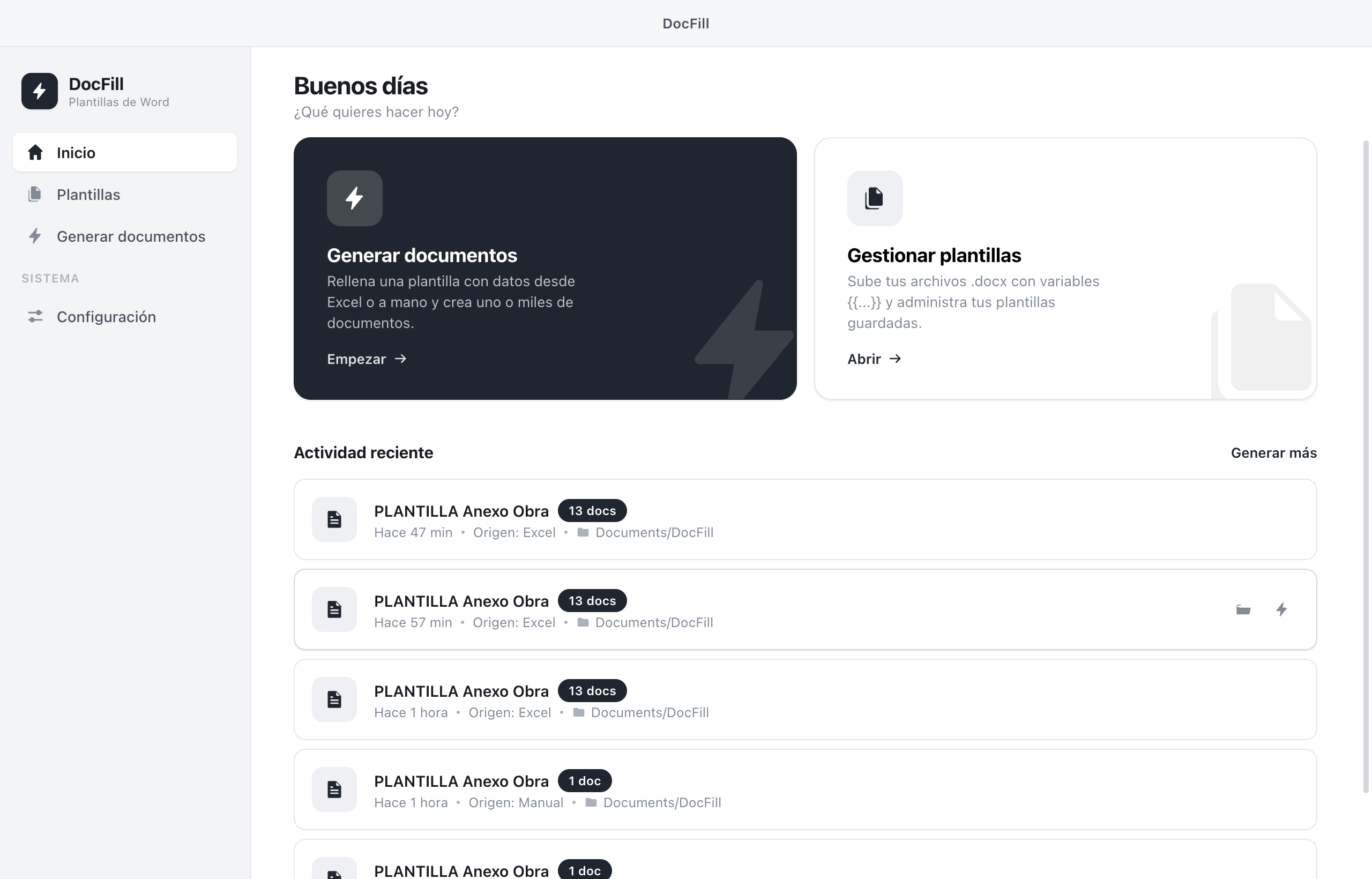 DocFill — pantalla de inicio